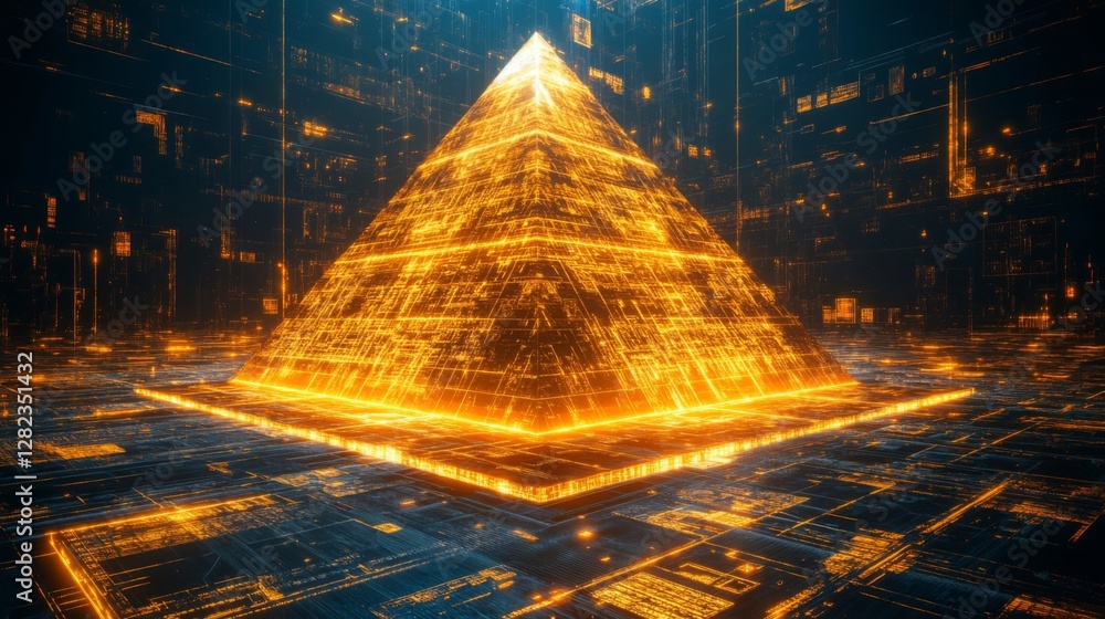 Poster abstract glowing pyramid with intricate digital pattern on dark background
