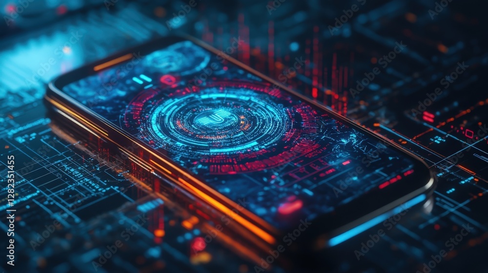 Poster futuristic smartphone displaying holographic security measures, safeguarding digital information and