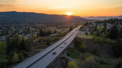 Obraz premium Sunset Highway Aerial View: Golden Hour over Suburban Landscape