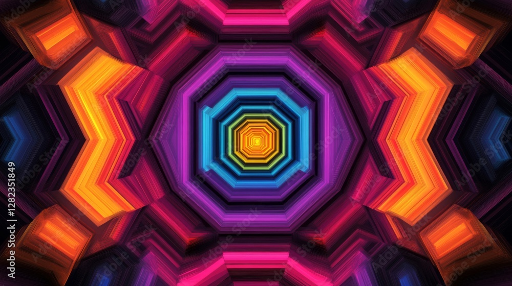 Poster vibrant octagonal tunnel with iridescent geometric pattern in abstract background