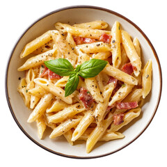 penne pasta carbonara shot from above, white background