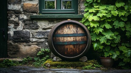 Naklejka premium Rustic Stone Building Facade with Wooden Barrel and Green Ivy in Rural Setting