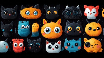 Fototapeta premium Cartoonish creatures with various shapes and sizes against dark backdrop