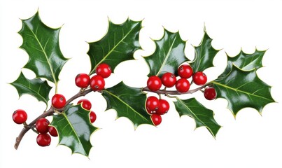 Fototapeta premium A vibrant holly branch adorned with bright red berries and glossy green leaves against a white backdrop