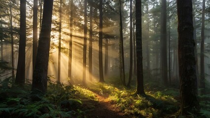 Fototapeta premium A breathtaking misty forest landscape at sunrise, with golden light filtering through the dense trees, creating a mystical and serene atmosphere.