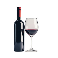 bottle and glass of red wine, white background