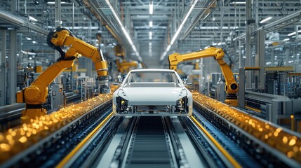 Car Factory 3D Concept: High-Tech Green Energy Electric Vehicles. Automatic Construction, Building, Welding Industrial Production Conveyor