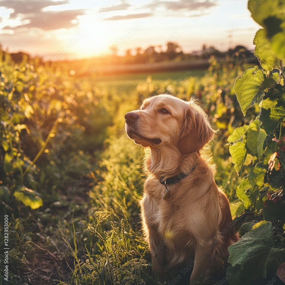 Aufkleber Golden retriever sitting in a vineyard during sunset with soft light casting a warm glow across the landscape. Generative AI