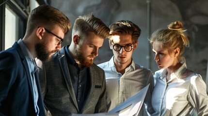 Fototapeta premium Four people are standing around a table looking at a piece of paper