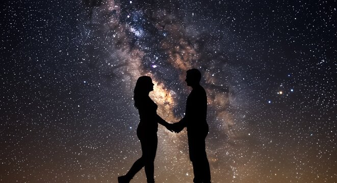 A romantic silhouette of a couple holding hands under a breathtaking night sky filled with stars and the Milky Way, symbolizing love and connection.