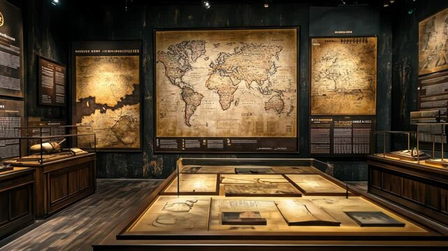 Dark museum interior with antique world maps, artifacts, and display cases.