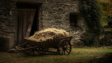 Fototapeta premium Rustic Stone Barn with Wooden Wheelbarrow and Lush Green Foliage in Countryside