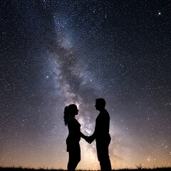 A romantic silhouette of a couple holding hands under a breathtaking night sky filled with stars and the Milky Way, symbolizing love and connection.