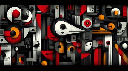 Geometric abstraction featuring a birdlike figure in a dark palette