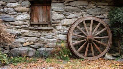 Obraz premium Rustic Stone Building with Wooden Shutter and Aged Cartwheel Leaning on Wall