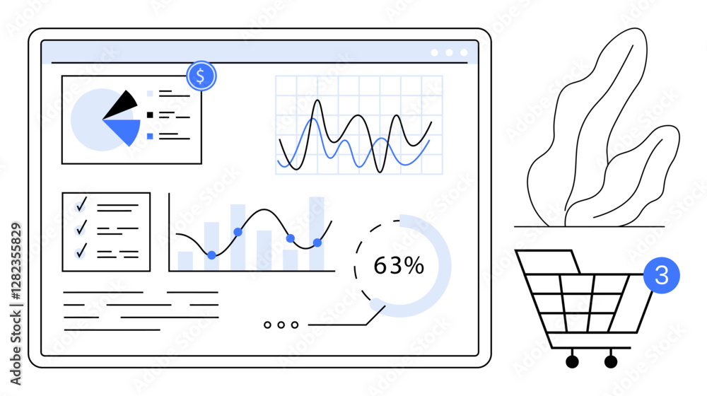 Poster digital dashboard displaying pie charts, line graphs, bar charts, and analytics reports. shopping ca
