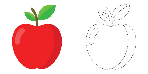 Trace and Color Red Apple. Handwriting Practice For Kids. Red Apple Fruit Vector Design
