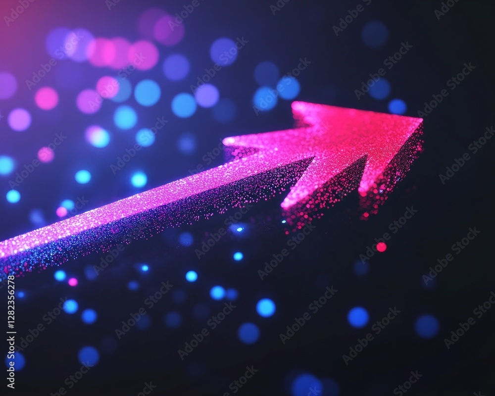 Poster pink glowing particle arrow on dark background with bokeh