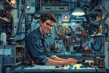 electrician workshop, a young electrician in navy overalls smiles while organizing tools in a bright, cartoon-style workshop, equipped and ready
