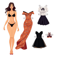 paper doll with a set of clothes. evening dress, short dress, blouse and skirt. vector illustration