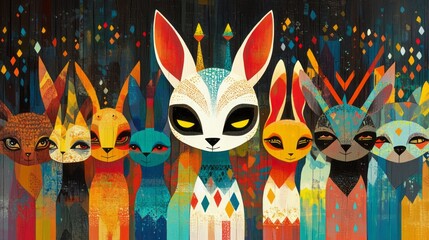 Colorful artistic illustration depicts various woodland creatures in a row