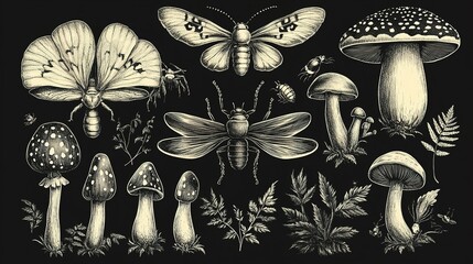 Illustrated insects and mushrooms arranged over a dark background design
