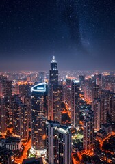 Obraz premium A breathtaking view of a modern metropolis at night, featuring illuminated skyscrapers, a starry sky, and a vibrant skyline.