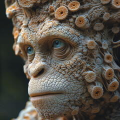 Obraz premium Close-up of a detailed, realistic humanoid character with primate skin texture, contemplative expression, and blurred background Suggests advanced prosthetics or digital effects for fi - AI-Generated