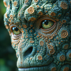 Naklejka premium A portrait of a humanoid amphibian creature, characterized by green-brown scales, large flared nostrils, and a protruding pink tongue Its gaze suggests alertness Background is blurred - AI-Generated