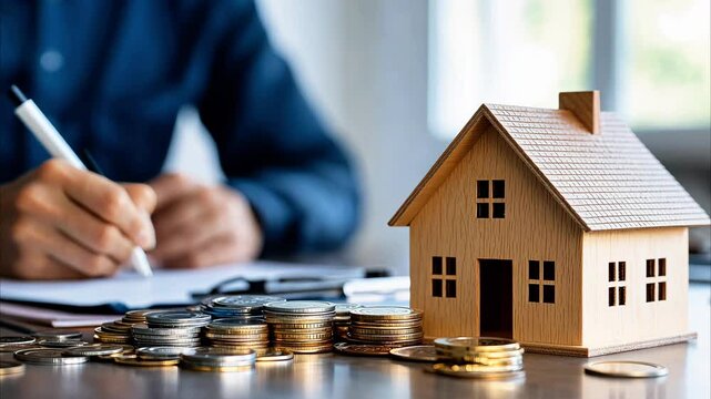 Investing in wooden house model symbolizes importance of financial planning, savings, and managing coins for property and mortgage investments.