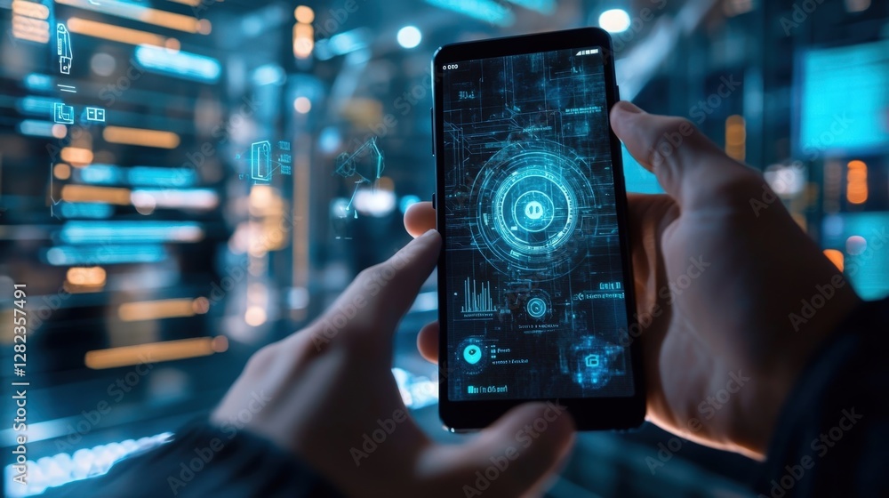 Poster close up of hands holding smartphone displaying holographic futuristic user interface with data and 