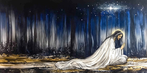 Watercolor Jesus praying in Gethsemane, night sky