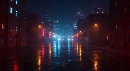 Obraz premium A realistic night cityscape with rain-soaked streets reflecting colorful neon lights, creating a cinematic and atmospheric urban scene.