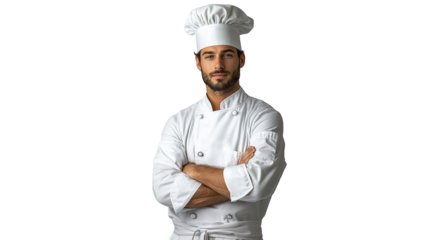 Portrait of a confident and professional young male chef wearing a pristine white chef's uniform, a neatly tied white apron, and a traditional white chef’s hat. He stands with his arms crossed