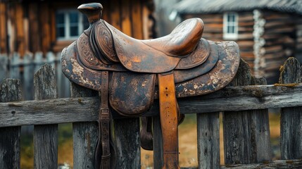 Antique Weathered Saddle Resting on a Rustic Wooden Fence in Rural Countryside