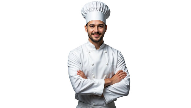 Portrait of a confident and professional young male chef wearing a pristine white chef's uniform, a neatly tied white apron, and a traditional white chef&rsquo;s hat. He stands with his arms crossed