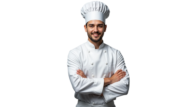 Portrait of a confident and professional young male chef wearing a pristine white chef's uniform, a neatly tied white apron, and a traditional white chef’s hat. He stands with his arms crossed