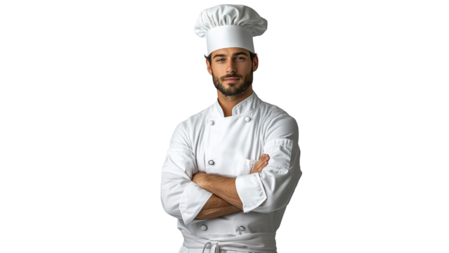 Portrait of a confident and professional young male chef wearing a pristine white chef's uniform, a neatly tied white apron, and a traditional white chef’s hat. He stands with his arms crossed