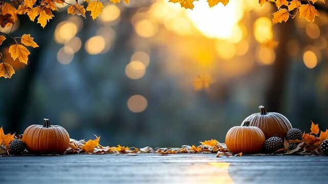 Autumn scene with pumpkins and fall leaves on a wooden surface, blurred background.