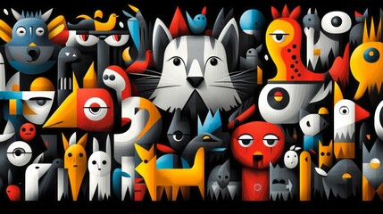Obraz premium Colorful geometric collage features an assortment of stylized animals