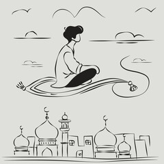 Minimalist Line Art of a Young Man Flying on a Magic Carpet Over a Middle Eastern City – Simple Black and White Drawing with Islamic Architecture, Clouds, and Fantasy Adventure Theme