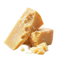 pieces of parmesan or parmigiano cheese isolated, white background