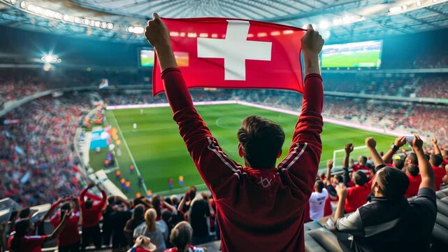 Fans celebrate Switzerland's victory in packed stadium with flag waving and joyous atmosphere during crucial soccer match
