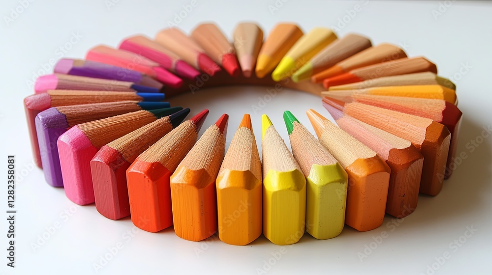Poster creative display of colorful pencils arranged in a circular pattern on a white surface during daylig
