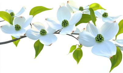 Obraz premium Beautiful white dogwood flowers blooming on a branch against a clean white background