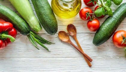 Organic Clean Vegetables Assorted with Cooking Spoons and Oil on White Wooden Background &ndash; Top View, Banner