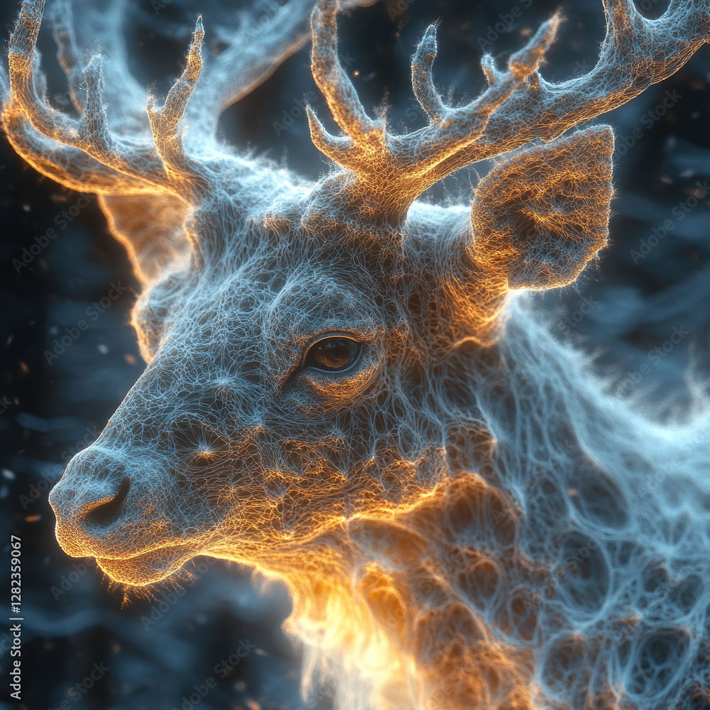 Poster stylized image of a glowing stag head with antlers, set against a dark, blurred background the light