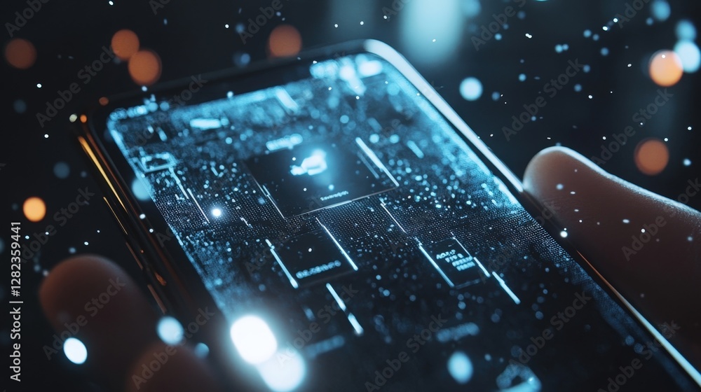 Aufkleber futuristic cyber security interface on smartphone showcasing data processing and analysis, emphasizi