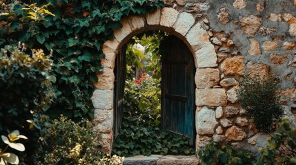 Fototapeta premium Exterior Stonewall Window Framed by Green Ivy and Garden Plants in Natural Light
