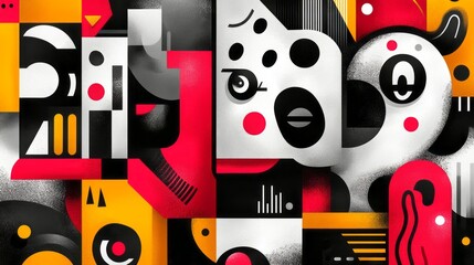 Abstract composition of geometric shapes and cartoonish animal elements